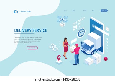 Isometric Logistics and Delivery concept. Delivery home and office. City logistics. Warehouse, truck, forklift, courier, drone and delivery man.