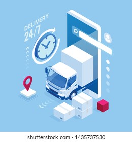 Isometric Logistics and Delivery concept. Delivery home and office. City logistics. Warehouse, truck, forklift, courier, drone and delivery man.