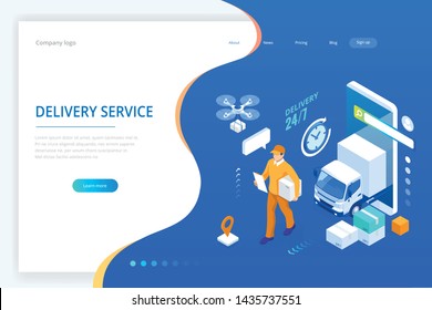 Isometric Logistics and Delivery concept. Delivery home and office. City logistics. Warehouse, truck, forklift, courier, drone and delivery man.