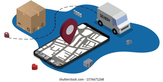 Isometric Logistics and Delivery concept. Delivery home and office. City logistics. Warehouse, truck, forklift, courier, drone and delivery man.