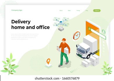 Isometric Logistics and Delivery concept. Delivery home and office. Tracking delivery service online. City logistics. Warehouse, truck, forklift, courier, drone and delivery man.