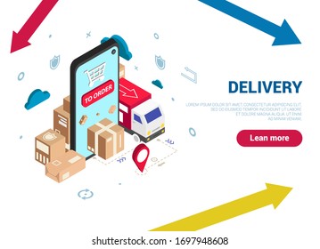 Isometric logistics and delivery concept. Home and office delivery. City logistics. Warehouse, truck, forklift, courier, drone and delivery man. Vector graphics. Can be used for web banner. Blue.