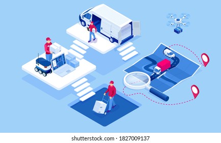 Isometric Logistics and Delivery concept. Delivery home and office. City logistics. Warehouse, truck, forklift, courier, drone and delivery man.