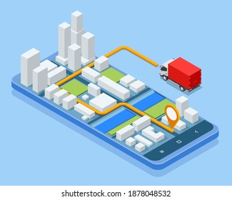 Isometric Logistics and Delivery concept. Delivery home and office. Logistic cargo mobile courier or freight delivery service transportation