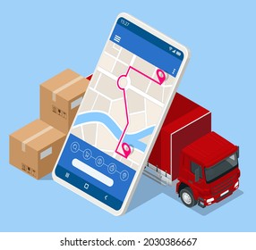 Isometric Logistics and Delivery concept. Delivery home and office. City logistics. Warehouse, truck, forklift, courier, drone and delivery man.