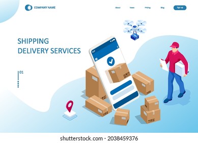 Isometric Logistics and Delivery concept. Delivery home and office. City logistics. Warehouse, truck, forklift, courier, drone and delivery man.