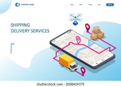 Isometric Logistics and Delivery concept. Delivery home and office. City logistics. Warehouse, truck, forklift, courier, drone and delivery man.