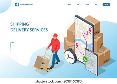 Isometric Logistics and Delivery concept. Delivery home and office. City logistics. Smart technology concept with global logistics partnership