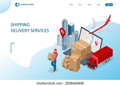 Isometric Logistics and Delivery concept. Delivery home and office. City logistics. Smart technology concept with global logistics partnership