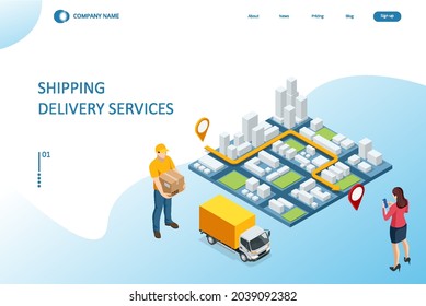 Isometric Logistics and Delivery concept. Delivery home and office. City logistics. Smart technology concept with global logistics partnership