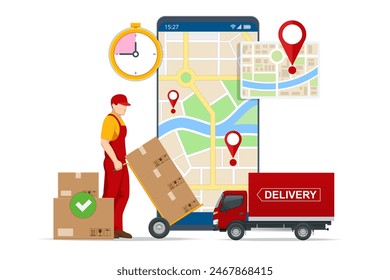 Isometric Logistics and Delivery concept. Delivery home and office. City logistics. Busy delivery man pushing hand truck stacked with delivery packages