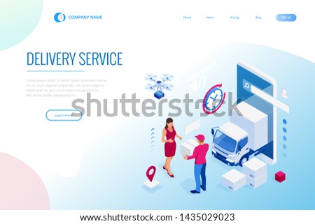 Isometric Logistics and Delivery concept. Delivery home and office. City logistics. Warehouse, truck, forklift, courier, drone and delivery man.