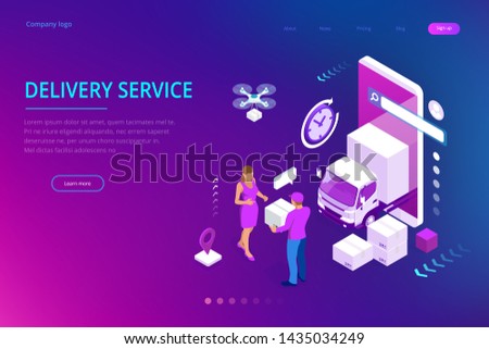 Isometric Logistics and Delivery concept. Delivery home and office. City logistics. Warehouse, truck, forklift, courier, drone and delivery man.