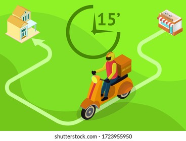 Isometric Logistics and Delivery concept. Delivery motorcycle ride to destination on time