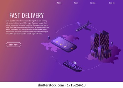 Isometric logistics and delivery concept. Online shopping concept. Delivery online tracking isometric banner concept smartphone with map. Vector illustration for web, mobile app, advert.