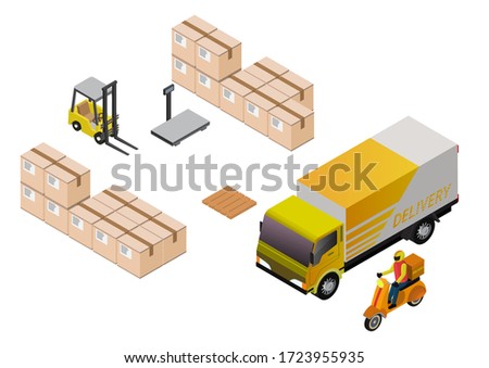 Isometric Logistics and Delivery concept. Truck, forklift, and courier.