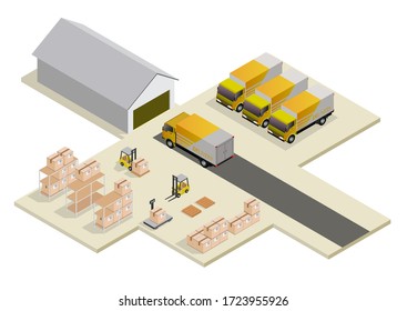 Isometric Logistics and Delivery concept. Warehouse, truck, forklift, and courier.