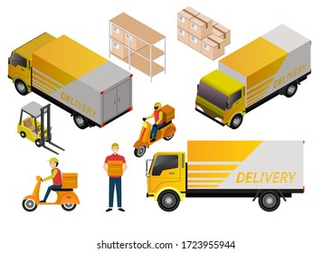 Isometric Logistics and Delivery concept. Warehouse, truck, forklift, courier, and delivery man.