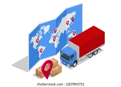 Isometric Logistics and Delivery concept. Worldwide Shipping. Delivery home and office. City logistics.