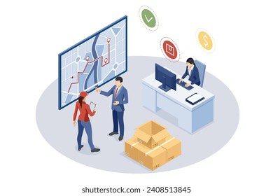 Isometrische Logistik und Lieferung. Kostenlose, Express-, Home- oder schnelle Lieferung. Lieferfirma. Lieferung nach Hause und Büro. Stadtlogistik.