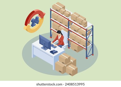 Isometric Logistics and Delivery. Free, Express, Home or Fast delivery. Warehouse worker checking inventory . Delivery home and office. City logistics.