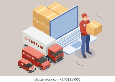 Logística y entrega isométrica. Entrega gratuita, Express, Home o Fast. Empresa de entrega. Entrega a casa y oficina. Logística de la ciudad.