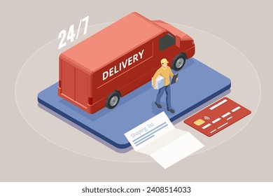 Isometric Logistics and Delivery. Free, Express, Home or Fast delivery. Delivery company. Delivery home and office. City logistics.