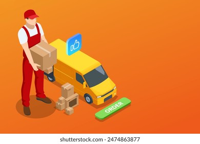 Isometric Logistics and Delivery , free shipping home. City logistics. Truck, courier, drone and delivery man. Smartphone online shopping application