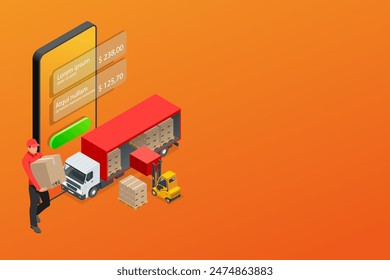 Logística y Entrega Isométrica , envío gratuito a domicilio. Logística municipal. Camión, mensajero, dron y repartidor. Aplicación de compras en línea para smartphone