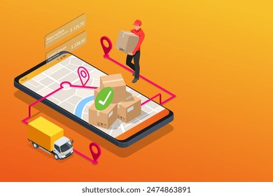 Isometric Logistics and Delivery , free shipping home. City logistics. Truck, courier, drone and delivery man. Smartphone online shopping application