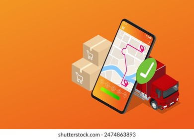 Isometric Logistics and Delivery , free shipping home. City logistics. Truck, courier, drone and delivery man. Smartphone online shopping application