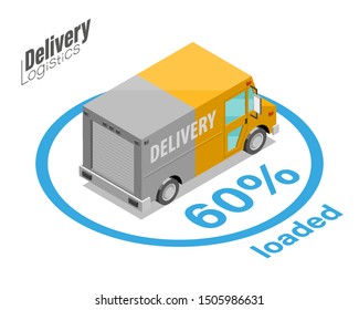 Isometric Logistics and Delivery Infographics banner. Delivery home and office. Isometry City logistics. Isometric delivery van. Cargo truck transportation Fast logistic, loading goods vehicle truck