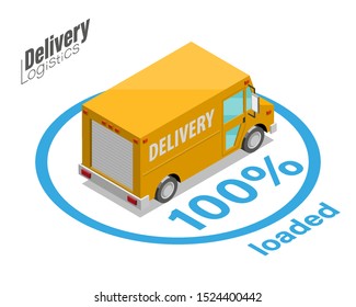 Isometric Logistics and Delivery Infographics banner. Delivery home and office. Isometry City logistics. Isometric delivery van. Cargo truck transportation Fast logistic, loading goods vehicle truck