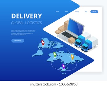 Isometric Logistics and Delivery Infographics. Delivery home and office. City logistics. Warehouse, truck, forklift, courier, drone and delivery man. Vector illustration