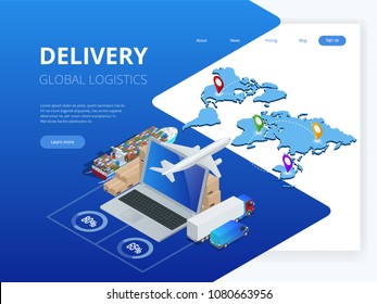 Isometric Logistics and Delivery Infographics. Delivery home and office. City logistics. Warehouse, truck, forklift, courier, drone and delivery man. Vector illustration