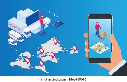 Isometric Logistics and Delivery Infographics. Delivery home and office. City logistics. Warehouse, truck, forklift, courier, drone and delivery man