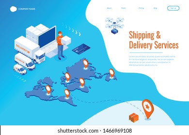 Isometric Logistics and Delivery Infographics. Delivery home and office. City logistics. Warehouse, truck, forklift, courier, drone and delivery man