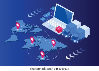 Isometric Logistics and Delivery Infographics. Delivery home and office. City logistics. Warehouse, truck, forklift, courier, drone and delivery man