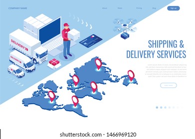 Isometric Logistics and Delivery Infographics. Delivery home and office. City logistics. Warehouse, truck, forklift, courier, drone and delivery man