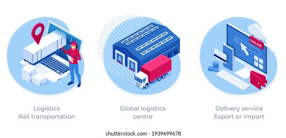 Isometric Logistics and Delivery Infographics. Delivery home and office. City logistics. Online Express, Free, Fast Delivery, Shipping concept.