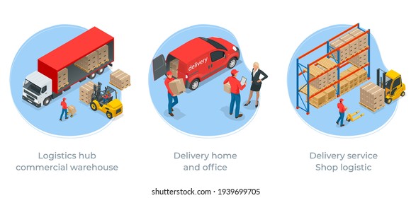 Isometric Logistics and Delivery Infographics. Delivery home and office. City logistics. Online Express, Free, Fast Delivery, Shipping concept.