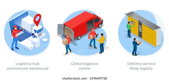 Isometric Logistics and Delivery Infographics. Delivery home and office. City logistics. Online Express, Free, Fast Delivery, Shipping concept.