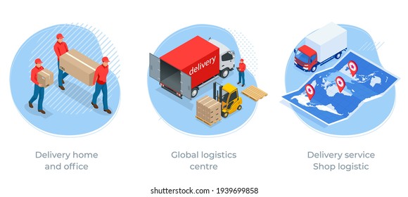 Isometric Logistics and Delivery Infographics. Delivery home and office. City logistics. Online Express, Free, Fast Delivery, Shipping concept.