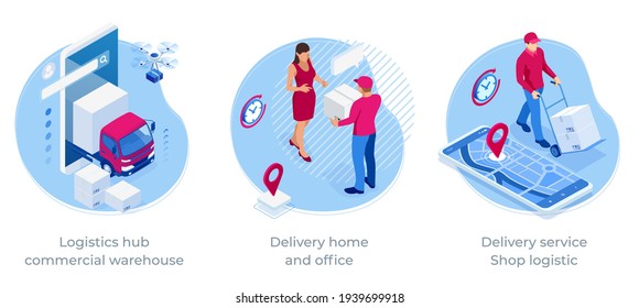 Isometric Logistics and Delivery Infographics. Delivery home and office. City logistics. Online Express, Free, Fast Delivery, Shipping concept.