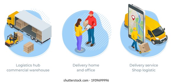 Isometric Logistics and Delivery Infographics. Delivery home and office. City logistics. Online Express, Free, Fast Delivery, Shipping concept.