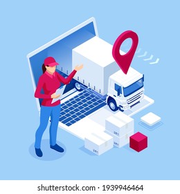 Isometric Logistics and Delivery Infographics. Delivery home and office. City logistics. Online Express, Free, Fast Delivery, Shipping concept.