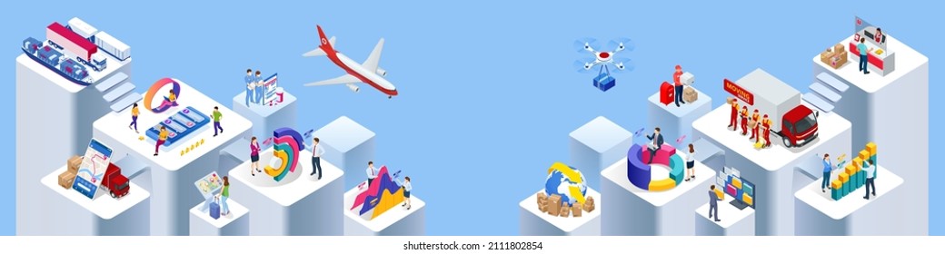 Isometric Logistics and Delivery Infographics Delivery home and office. City logistics Business analysis, analytics, research, strategy statistic, planning, marketing, study of performance indicators