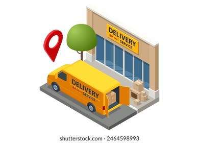 Isometric Logistics and Delivery Infographics. Delivery home and office. City logistics. Online Express, Free, Fast Delivery, Shipping Website Banner Delivery service app with map background