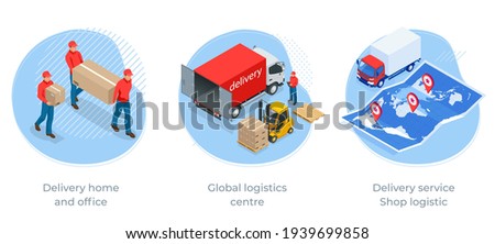 Isometric Logistics and Delivery Infographics. Delivery home and office. City logistics. Online Express, Free, Fast Delivery, Shipping concept.