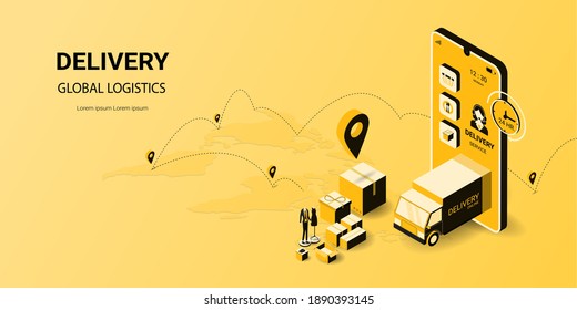 Isometric logistics and delivery online on mobile Application, online order, Digital marketing. Truck, warehouse and parcel box. Concept for website, banner and mobile website. Vector illustration